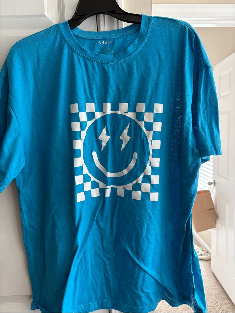 SHEIN Blue Short Sleeve Tee with White Checker Smiley Graphic